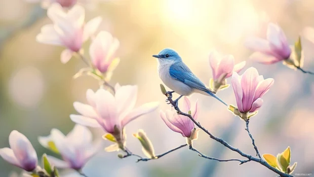 A delicate bluebird perched on the tip of a blooming magnolia branch, morning light filtering softly through the petals.