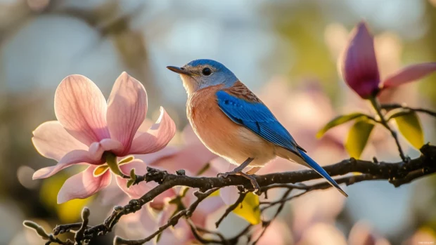 A delicate bluebird perched on the tip of a blooming magnolia branch, morning light filtering softly through the petals.