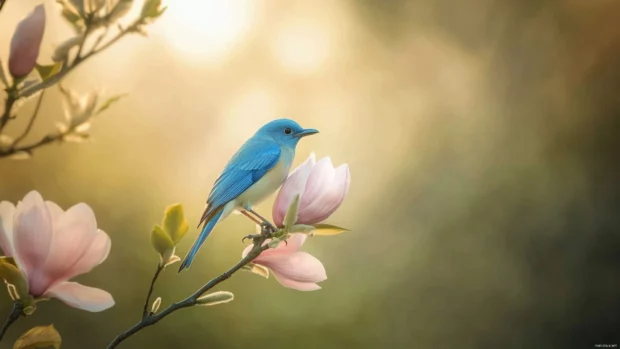A delicate bluebird perched on the tip of a blooming magnolia branch, morning light filtering softly through the petals.