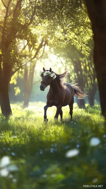 A delightful image of a horse with a flower crown, frolicking in a lush green field, with soft sunlight filtering through the trees.