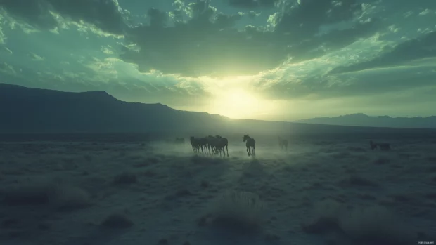 A desert scene with wild horses racing, shadows cast by fading light.