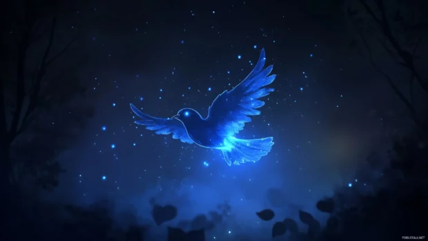 A digital fantasy scene with a glowing bird flying through soft fog.