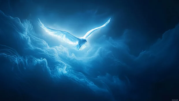 A digital fantasy scene with a glowing bird flying through soft fog, ideal for a blue bird aesthetic wallpaper.