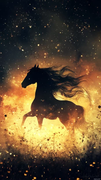A digital painting of a majestic black horse, its silhouette against a glowing golden sunset.