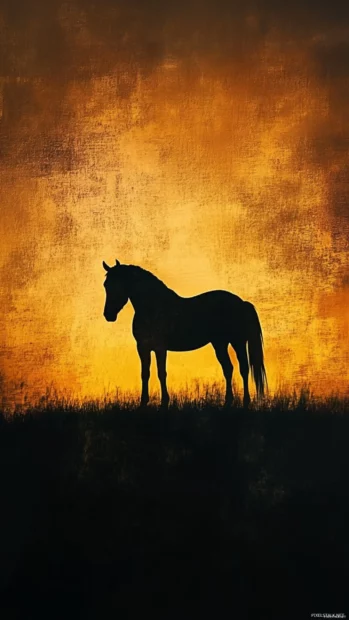 A digital painting of a majestic black horse, its silhouette against a glowing golden sunset, simple yet powerful.