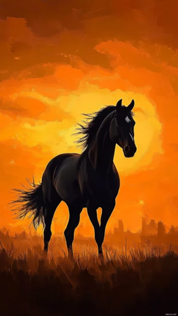 A digital painting of a majestic black horse, its silhouette against a glowing golden sunset, simple yet powerful.
