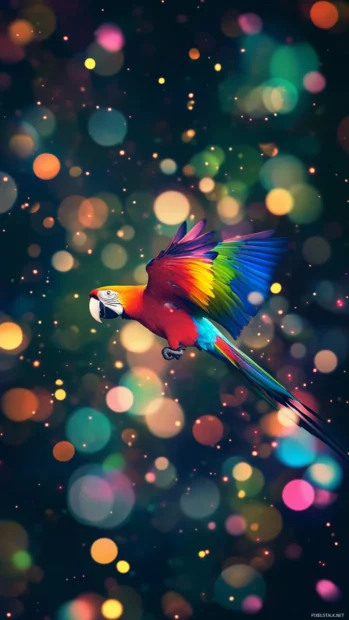 A digital vertical artwork of a parrot flying through glowing orbs in space, ideal for colorful parrot wallpaper for phone.