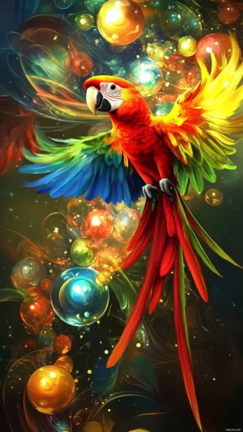A digital vertical artwork of a parrot flying through glowing orbs in space, ideal for colorful parrot wallpaper for phone.