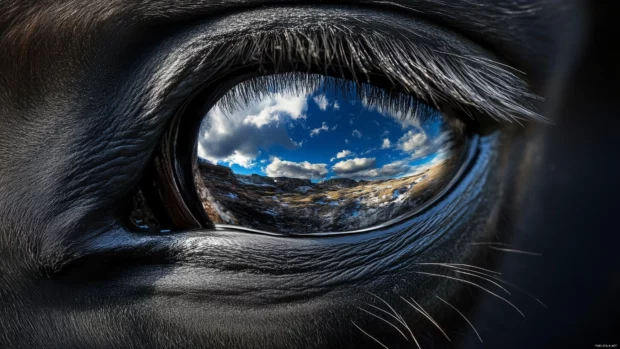 A dramatic close up of a horse eye, reflecting the landscape around it, emphasizing the beauty and depth of the animal.