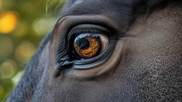 A dramatic horse eye, reflecting the landscape around it, emphasizing the beauty and depth of the animal.