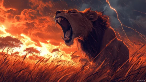 A dramatic illustration of Simba roaring fiercely in the savanna .