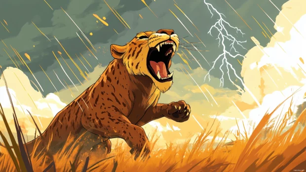 A dramatic illustration of Simba roaring fiercely in the savanna, with a backdrop of stormy clouds and lightning.
