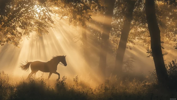 A dramatic scene of a horse running in a foggy forest, beams of light shining.