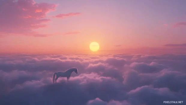 A dreamy anime style scene of a majestic but cute white horse standing on a cloud, the sunset sky painted in soft pinks and purples.