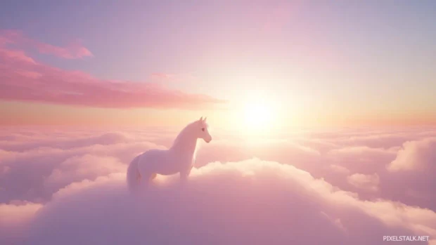 A dreamy anime style scene of a majestic but cute white horse standing on a cloud, the sunset sky painted in soft pinks and purples.