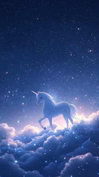 A dreamy anime style white horse standing on a cloud, surrounded by twinkling stars.