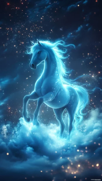A dreamy anime style white horse standing on a cloud, surrounded by twinkling stars.
