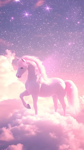 A dreamy anime style white horse standing on a cloud, surrounded by twinkling stars, ethereal and peaceful.
