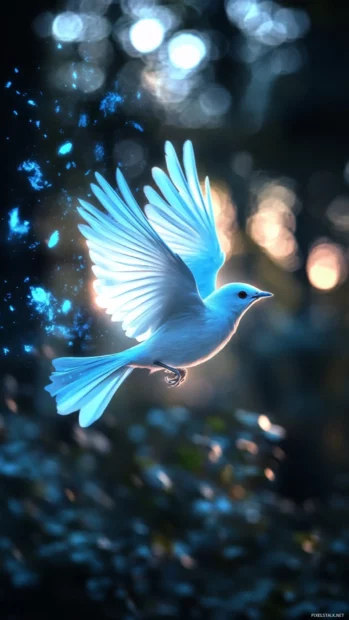 A dreamy vertical scene of a glowing bird flying through mist.