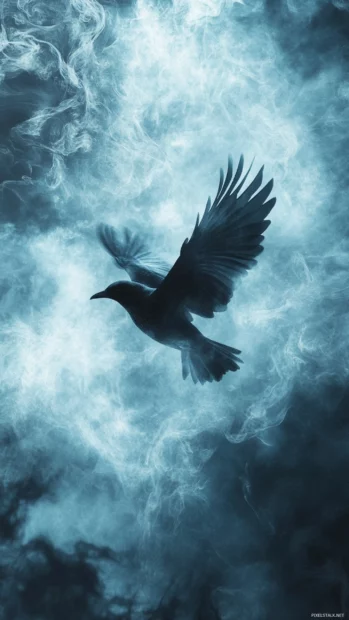 A dreamy vertical scene of a glowing bird flying through mist, perfect for a blue bird HD wallpaper.