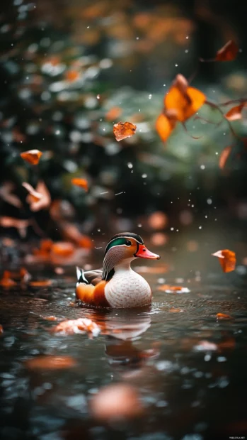 A duck, mandarin, on slim stream, fall leaves around, bright and graceful.