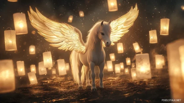 A fairytale inspired pony with golden wings, surrounded by floating lanterns in a mystical nighttime setting, soft and magical glow.