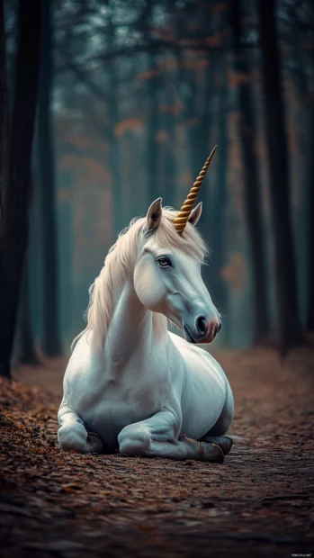 A fairytale style unicorn with a golden horn, sitting peacefully in a glowing enchanted forest.