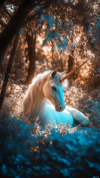 A fairytale style unicorn with a golden horn, sitting peacefully in a glowing enchanted forest, artistic and magical.