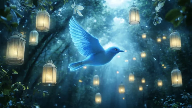 A fantasy scene of a glowing bluebird soaring through a twilight forest filled with floating lanterns.