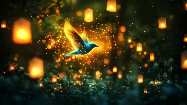A fantasy scene of a glowing bluebird soaring through a twilight forest filled with floating lanterns.