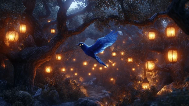 A fantasy scene of a glowing bluebird soaring through a twilight forest filled with floating lanterns.