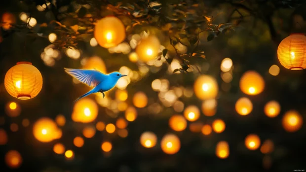 A fantasy scene of a glowing bluebird soaring through a twilight forest filled with floating lanterns.