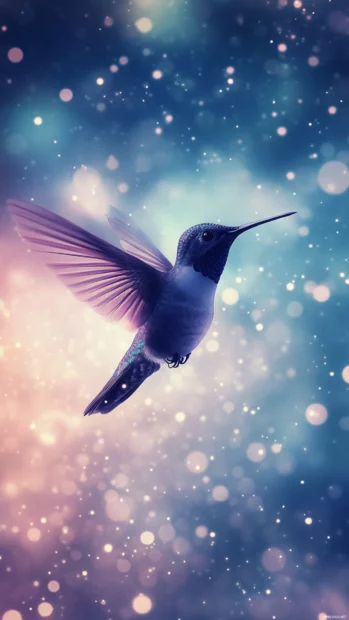A fantasy style hummingbird flying through glowing orbs in a magical sky.