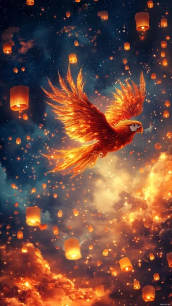 A fantasy style parrot with glowing feathers flying across a twilight sky filled with floating lanterns.