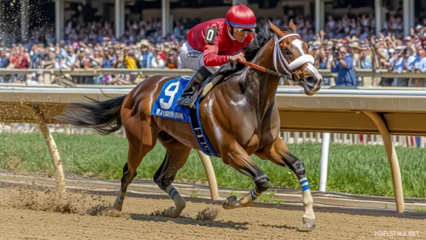 A fast paced race as a thoroughbred charges down the track, fans roaring.
