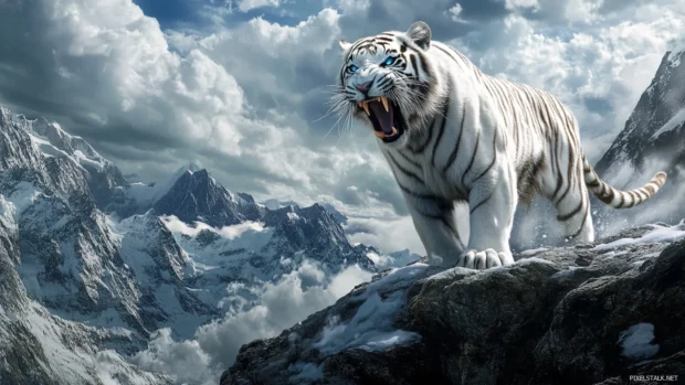 A ferocious white tiger mid leap, claws extended, charging through a dark jungle, fangs bared.