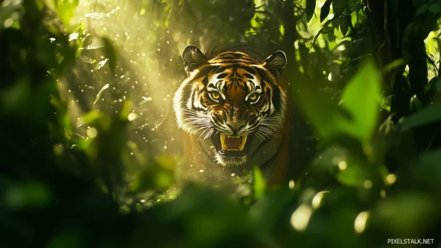 A fierce Bengal tiger roaring in the jungle, sunlight streaming through the dense leaves, vibrant green foliage, intense focus on the tiger sharp teeth and golden eyes.