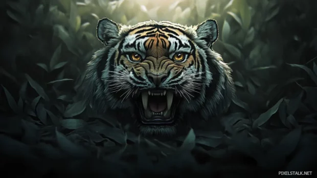 A fierce Bengal tiger roaring in the jungle, sunlight streaming through the dense leaves, vibrant green foliage, intense focus on the tiger sharp teeth and golden eyes.