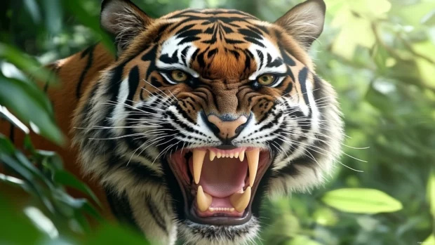 A fierce Bengal tiger roaring in the jungle, sunlight streaming through the dense leaves, vibrant green foliage, intense focus on the tigers sharp teeth and golden eyes.