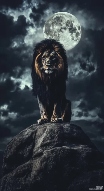 A fierce black maned lion standing on a rock, illuminated by dramatic moonlight.