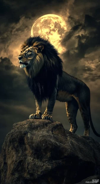 A fierce black maned lion standing on a rock, illuminated by dramatic moonlight, a storm brewing in the background.