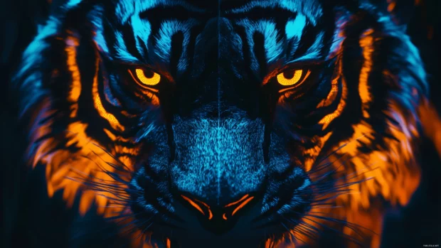 A fierce tiger face in a vibrant neon glow style, abstract geometric shapes framing the tiger head, bold blue and orange gradients, intense gaze with glowing eyes, artistic street art vibe.