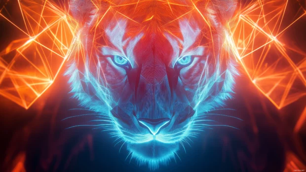 A fierce tiger face in a vibrant neon glow style, abstract geometric shapes framing the tigers head.