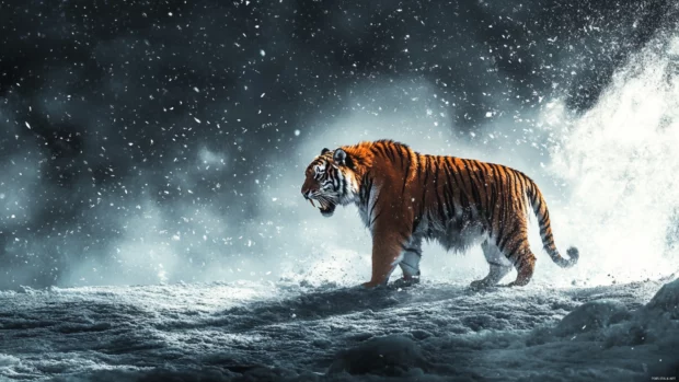 A fierce tiger standing in a frozen wasteland, its breath visible in the cold air, snow whipping around it as it roars.