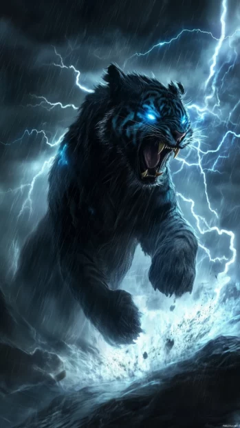 A fierce tiger with lightning charged fur, illuminated by electric energy.