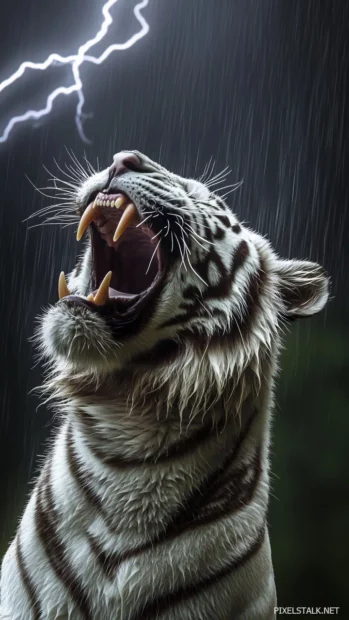 A fierce white tiger mid roar under a stormy sky, rain falling in slow motion, lightning illuminating its powerful figure.