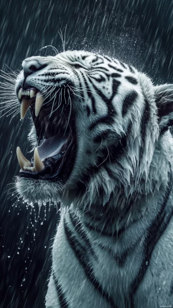 A fierce white tiger mid roar under a stormy sky, rain falling in slow motion, lightning illuminating its powerful figure, wet fur glistening, intense focus on its sharp teeth and wild gaze.