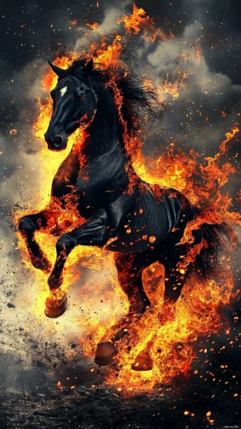 A fiery black horse with flames bursting from its hooves, galloping through an infernal landscape.
