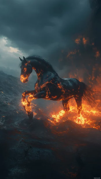 A fiery black horse with flames bursting from its hooves, galloping through an infernal landscape, pure power and intensity.