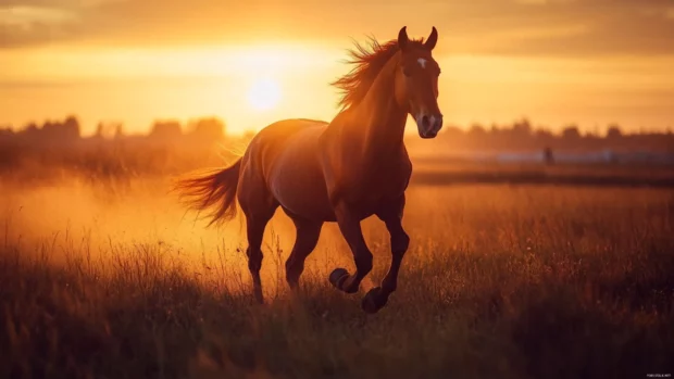 A fiery red horse running against the backdrop of a setting sun, its mane glowing in the golden light.